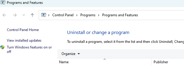 programs and features